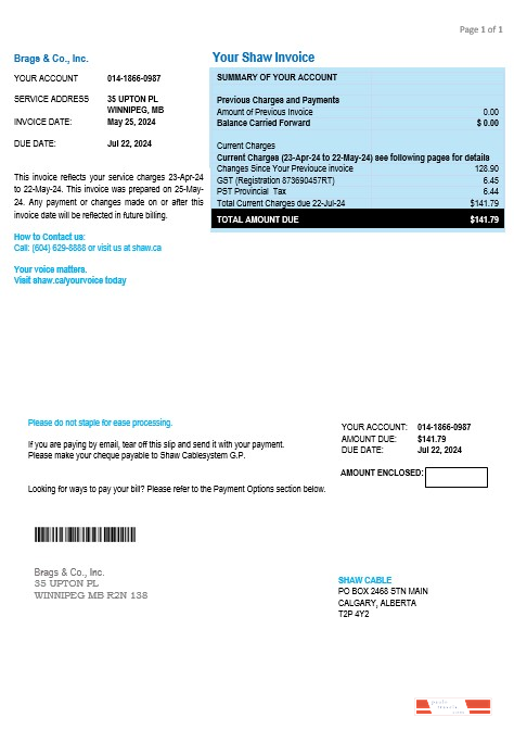 Canada Shaw business utility bill template in Word and PDF formats
